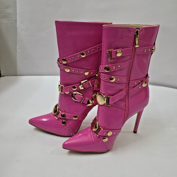 Y2K Azalea Wang Pink Studded Patent Vegan Leather Boots Glam Spike Heel Size 7.5 - Picture 1 of 15